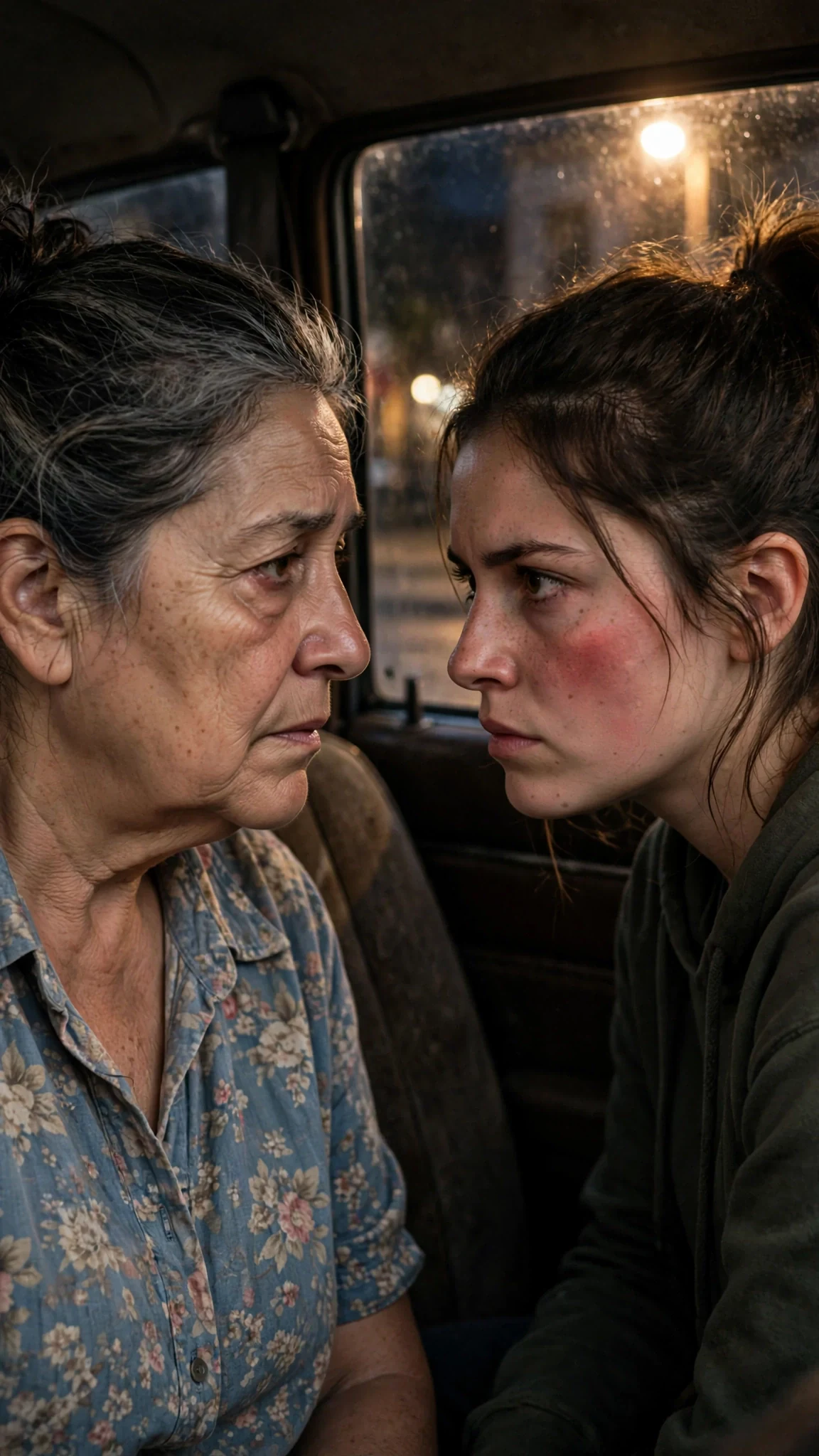 Two women argue in the back seat of a parked car.
