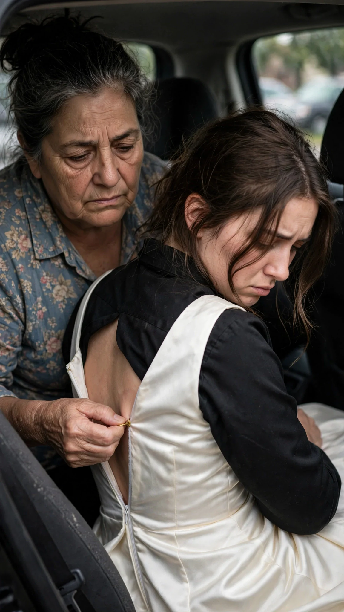 A mother yanks a wedding dress over her daughter's work uniform and zips it up.