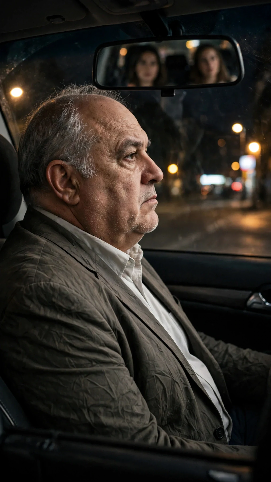 A heavyset older man drives in silence while his wife and daughter argue in the back.