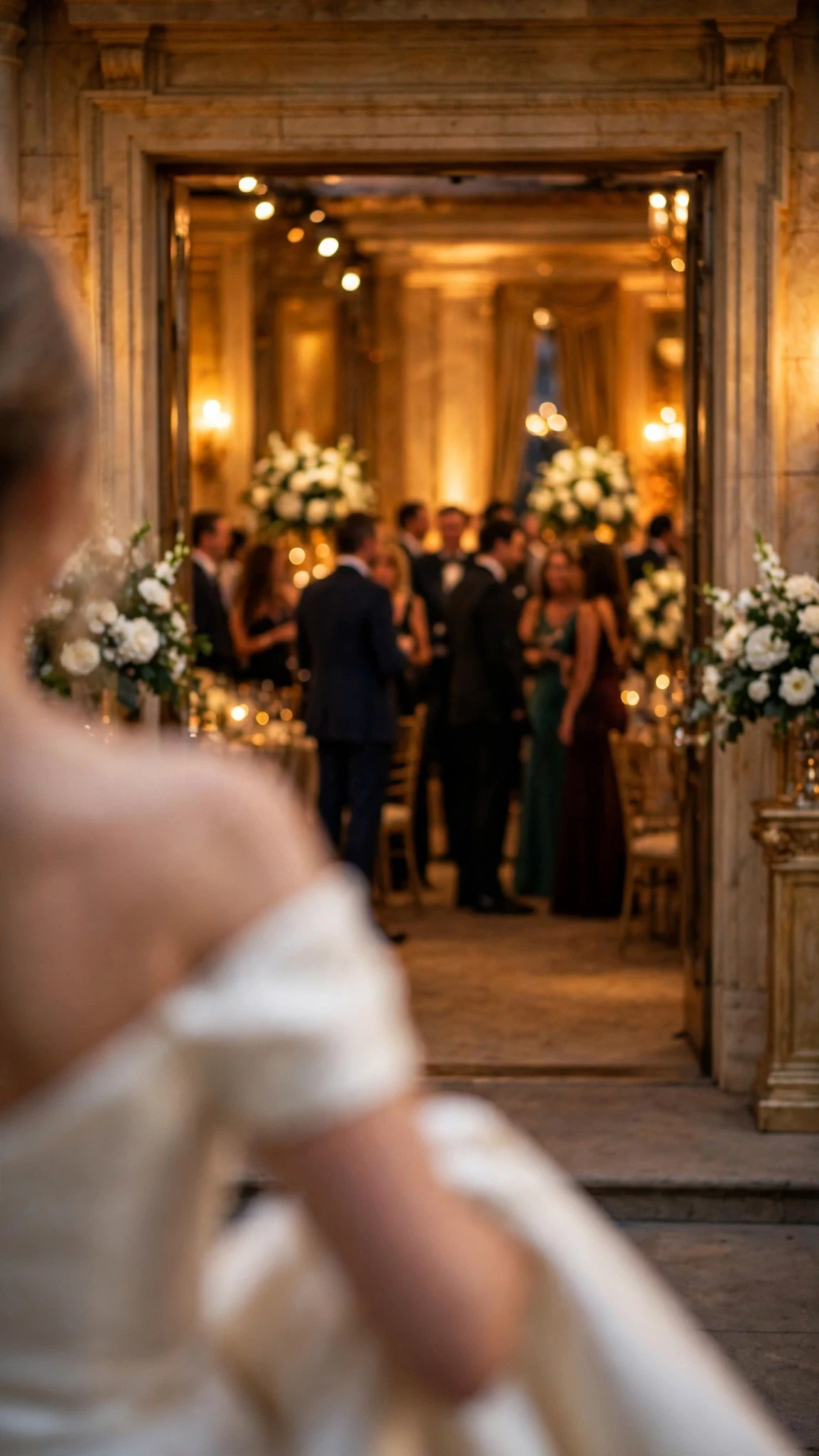 A gold-lit banquet hall at night where a wedding crowd waits inside.