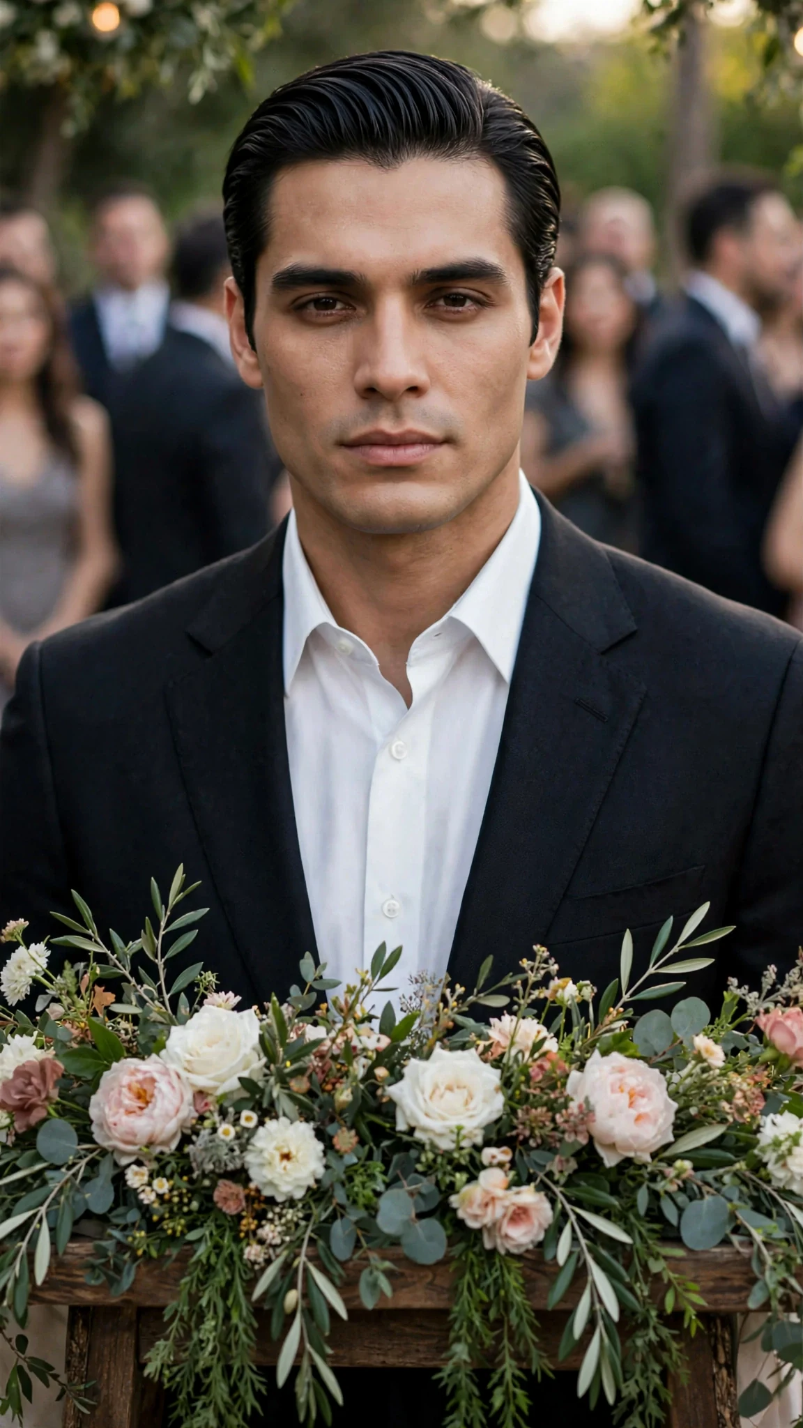 A tall dark-haired man in a black suit waits at an altar and looks straight at the bride.