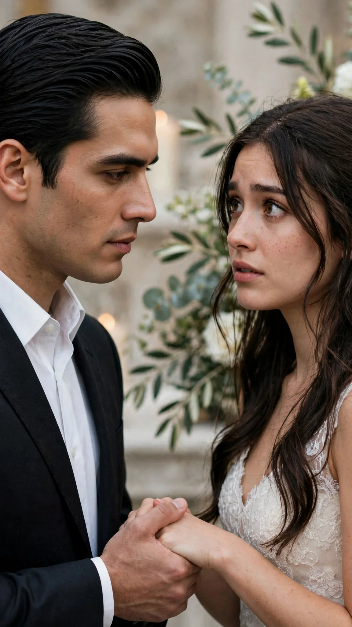 The crime boss takes the bride's hand at the altar, his eyes on her face.
