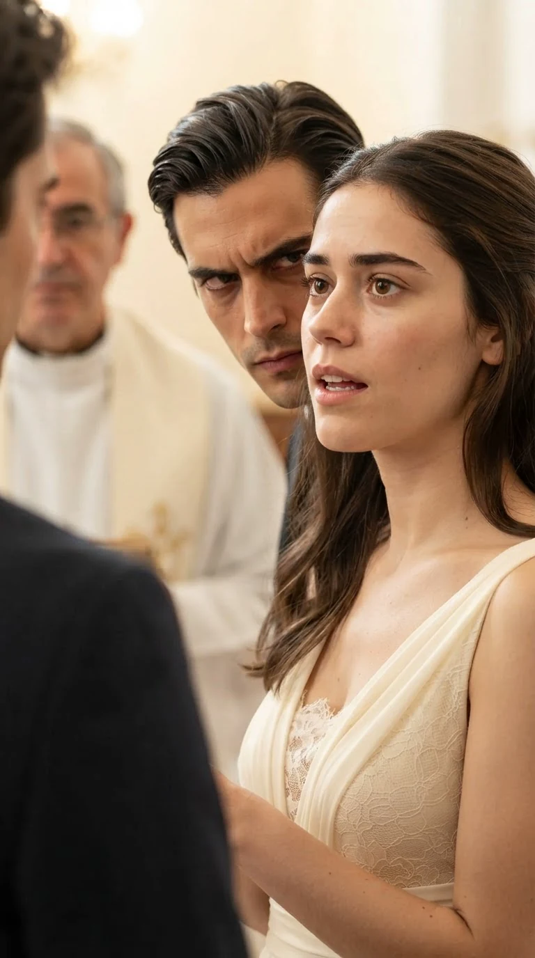 A bride says her vows in front of a priest while the groom studies her face.