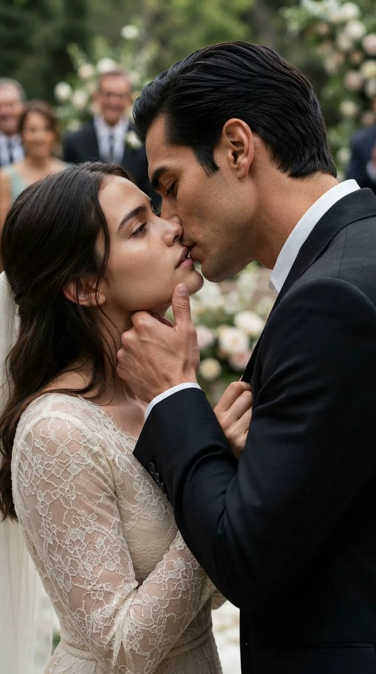 The groom pulls the bride into a hard kiss at the altar while her hand clutches his lapel.