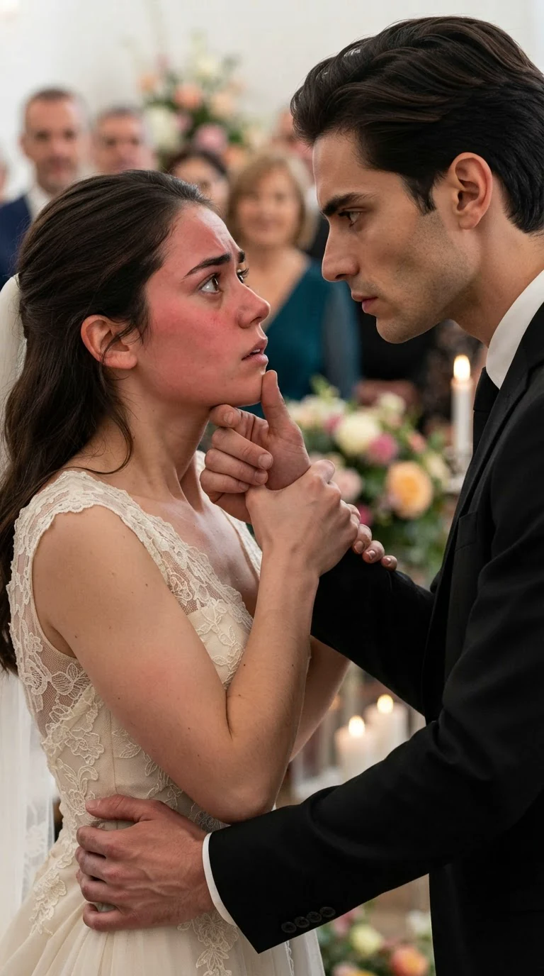At the altar, the groom's hand slides under the bride's dress hem as guests watch.