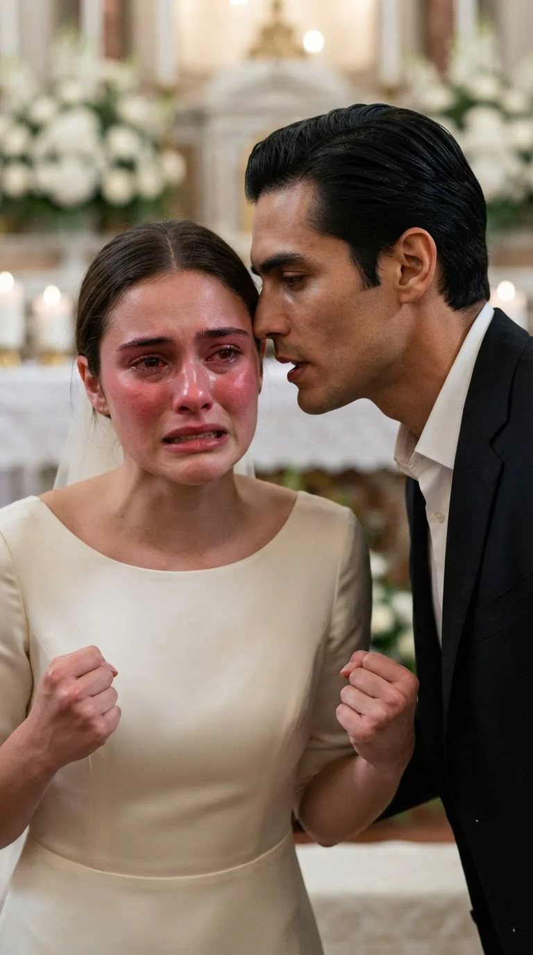 The groom whispers into the bride's ear at the altar, her face burning red.