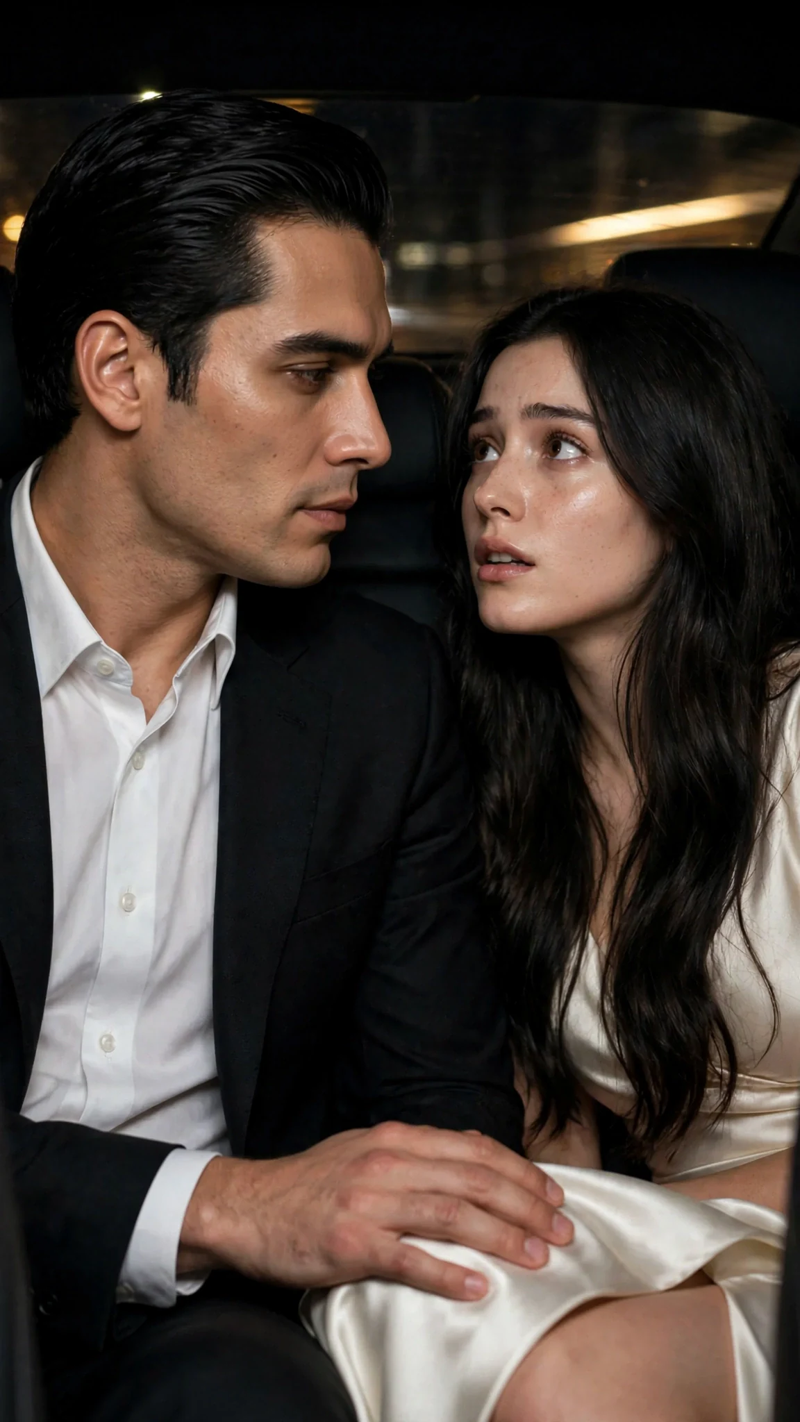 In the back of a dark car, the crime boss rests his hand on the bride's thigh.