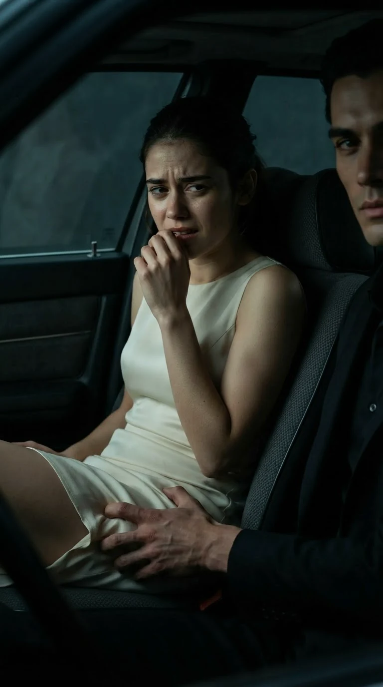 A man's fingers dig into a woman's leg through her dress as he watches her lie.