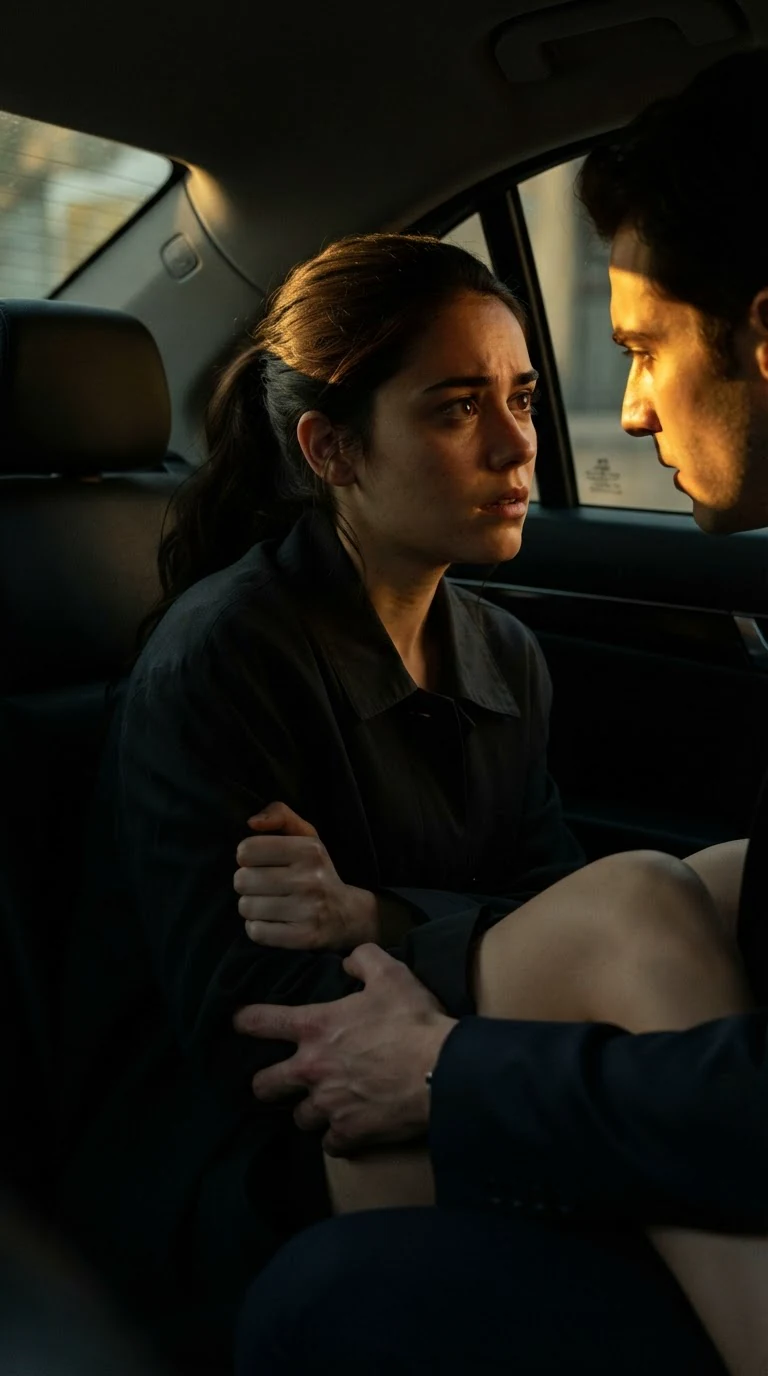 The bride leans into the groom's hand in the dark car instead of pushing him away.