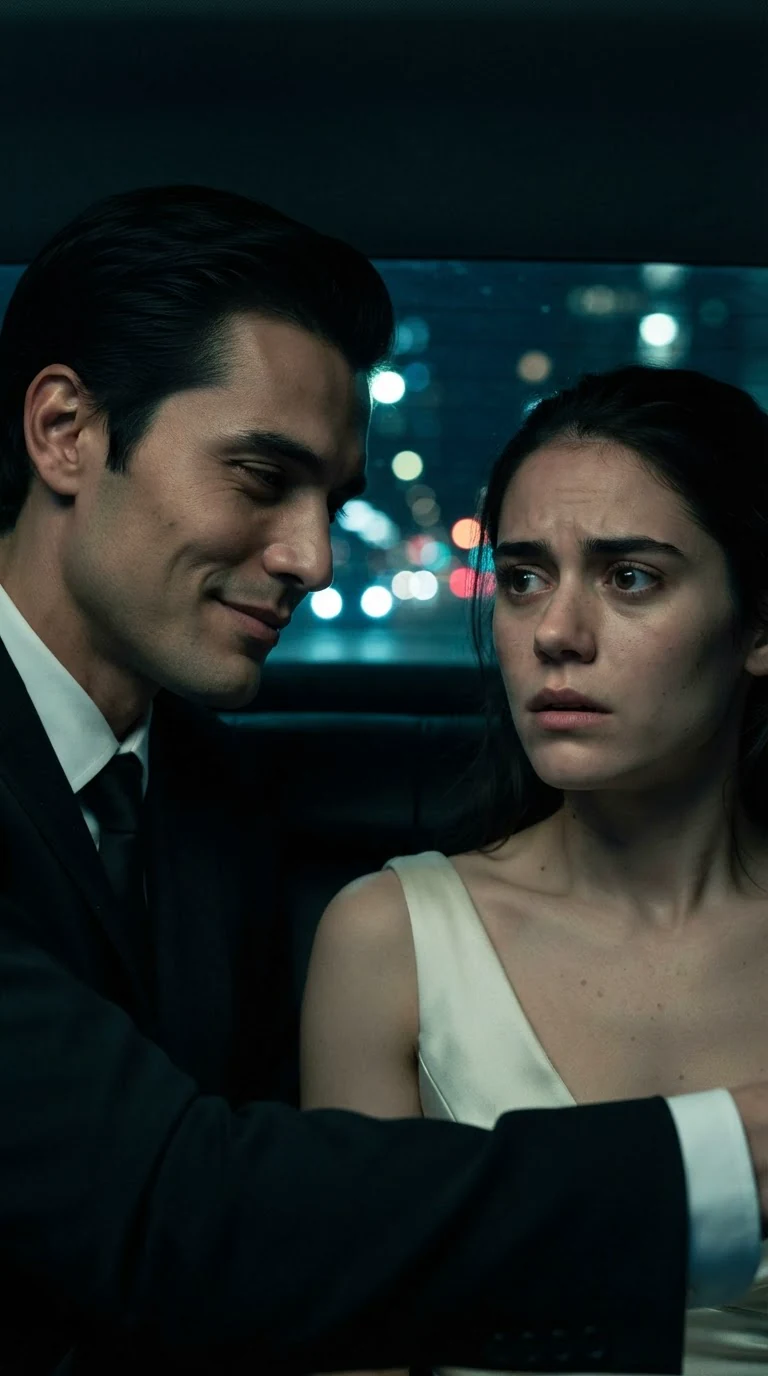 The groom smiles at the bride in the car like he already knows her secret.