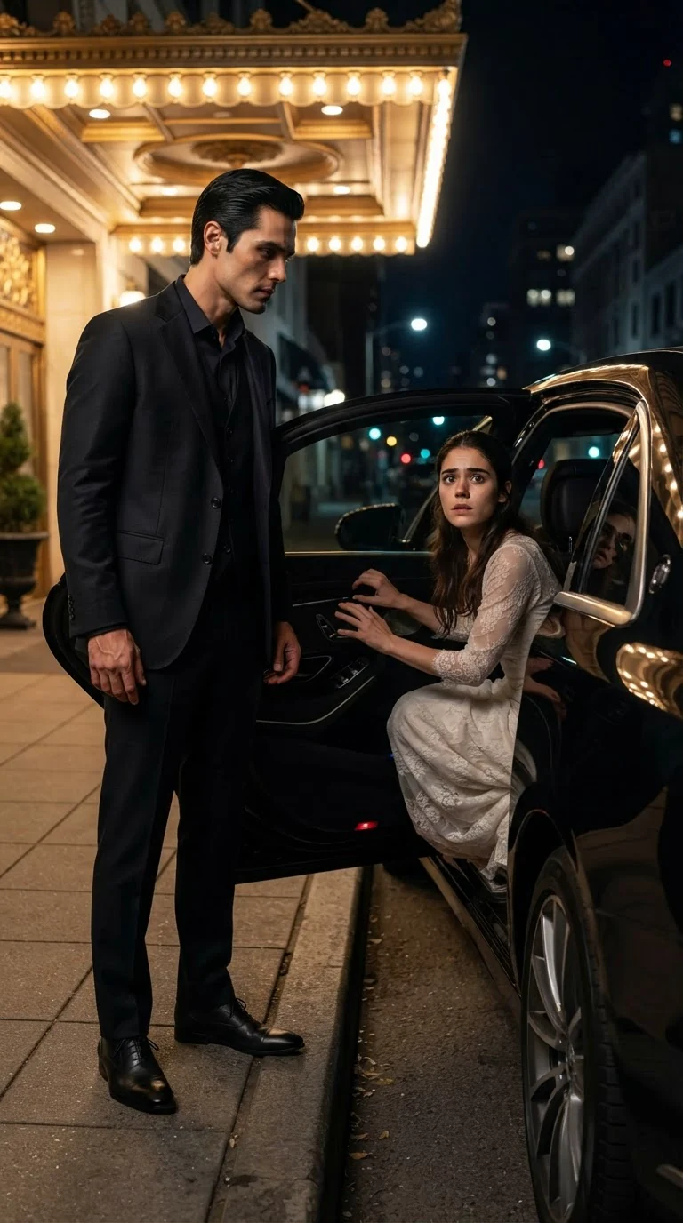 A black car waits under the gold lights of the Marigold while Dante stands at the open door.