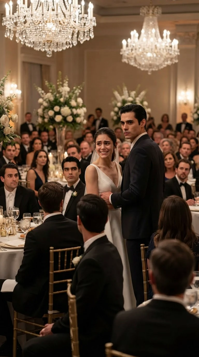 The crowded banquet hall turns to stare at Lola in her white dress.