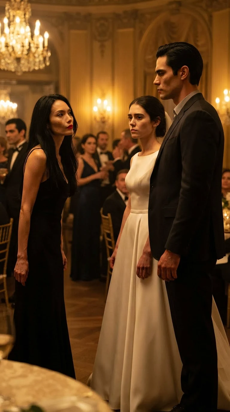 Alma in a black dress looks Lola up and down in front of the guests.