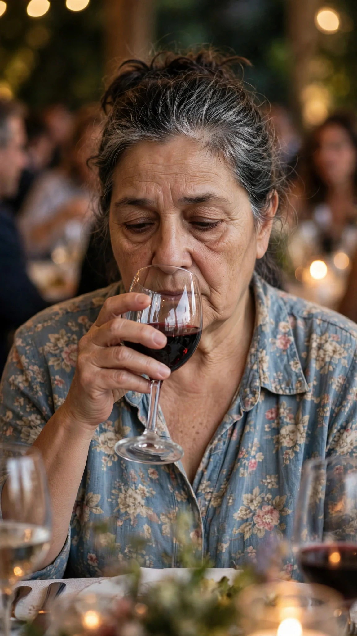 Rosa drinks her wine and says nothing while the hall watches.