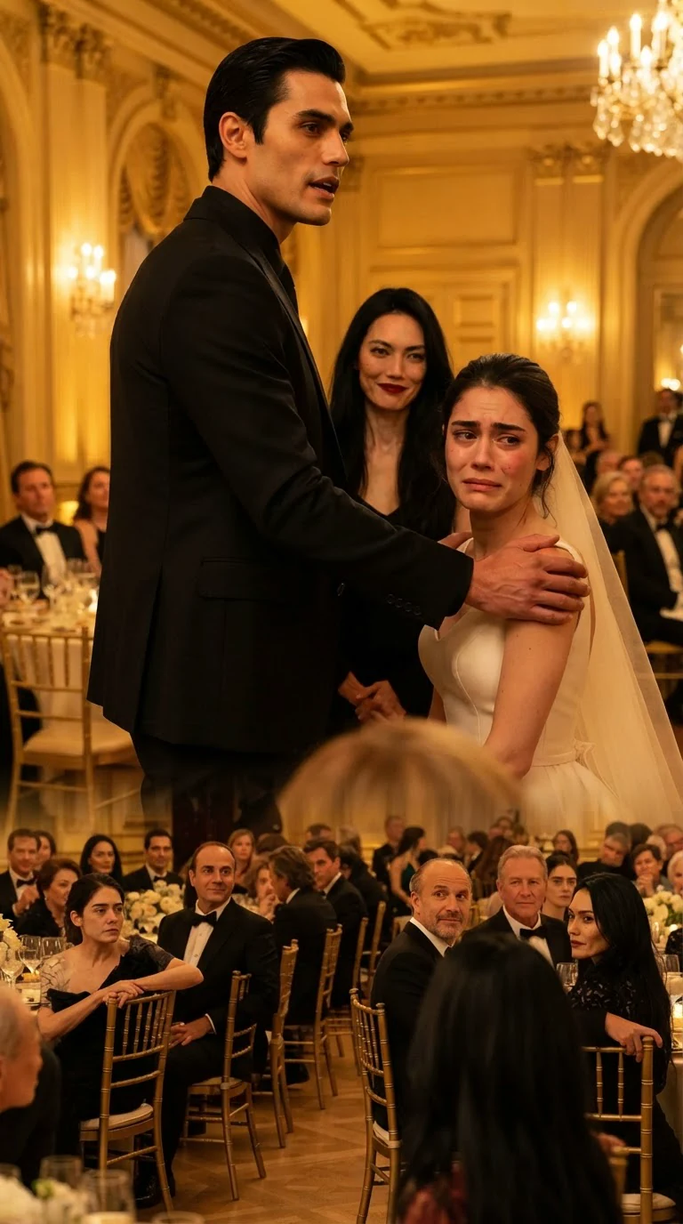 Dante speaks to the whole hall with his hand on Lola's shoulder.