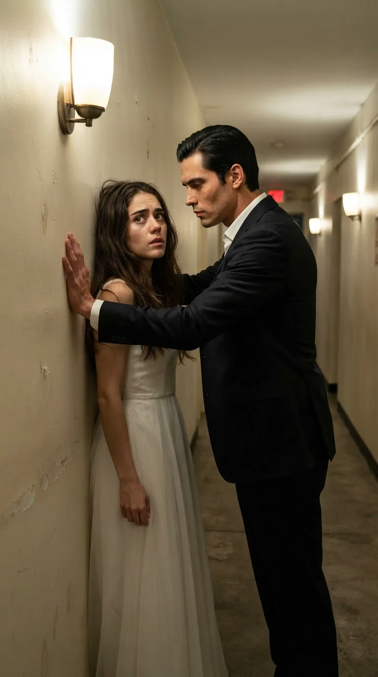 Lola is shoved against a corridor wall, shoulder hitting the plaster.