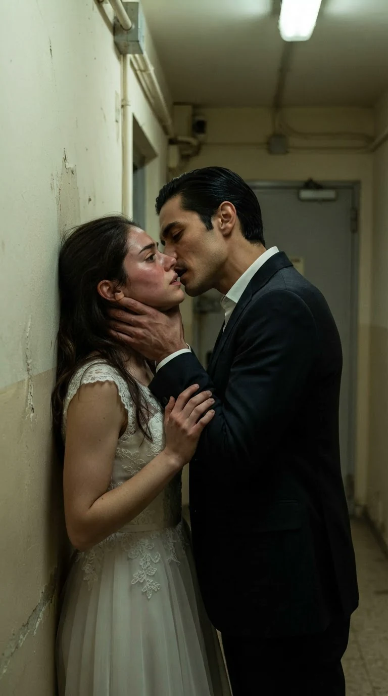 Dante kisses Lola hard against the corridor wall, her hands flat on his chest.