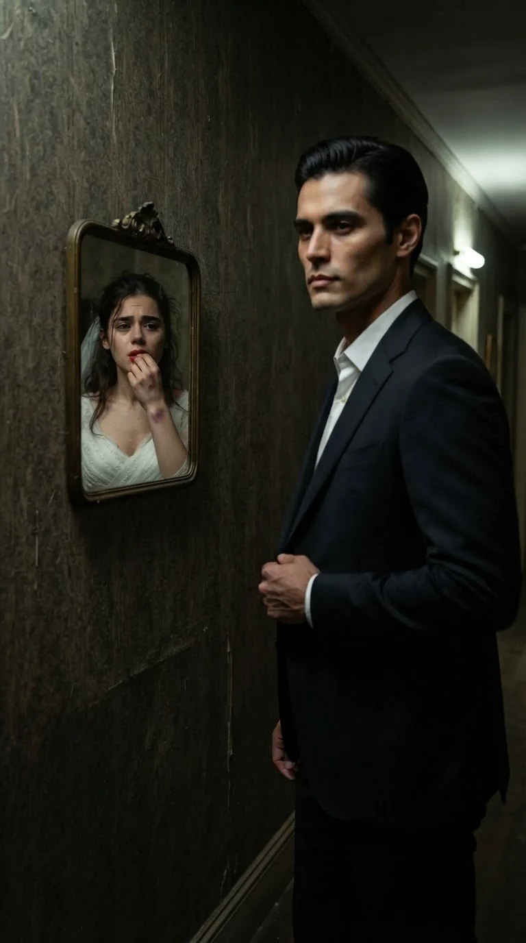 Dante steps back and fixes his jacket while Lola wipes her lipstick in a corridor mirror.