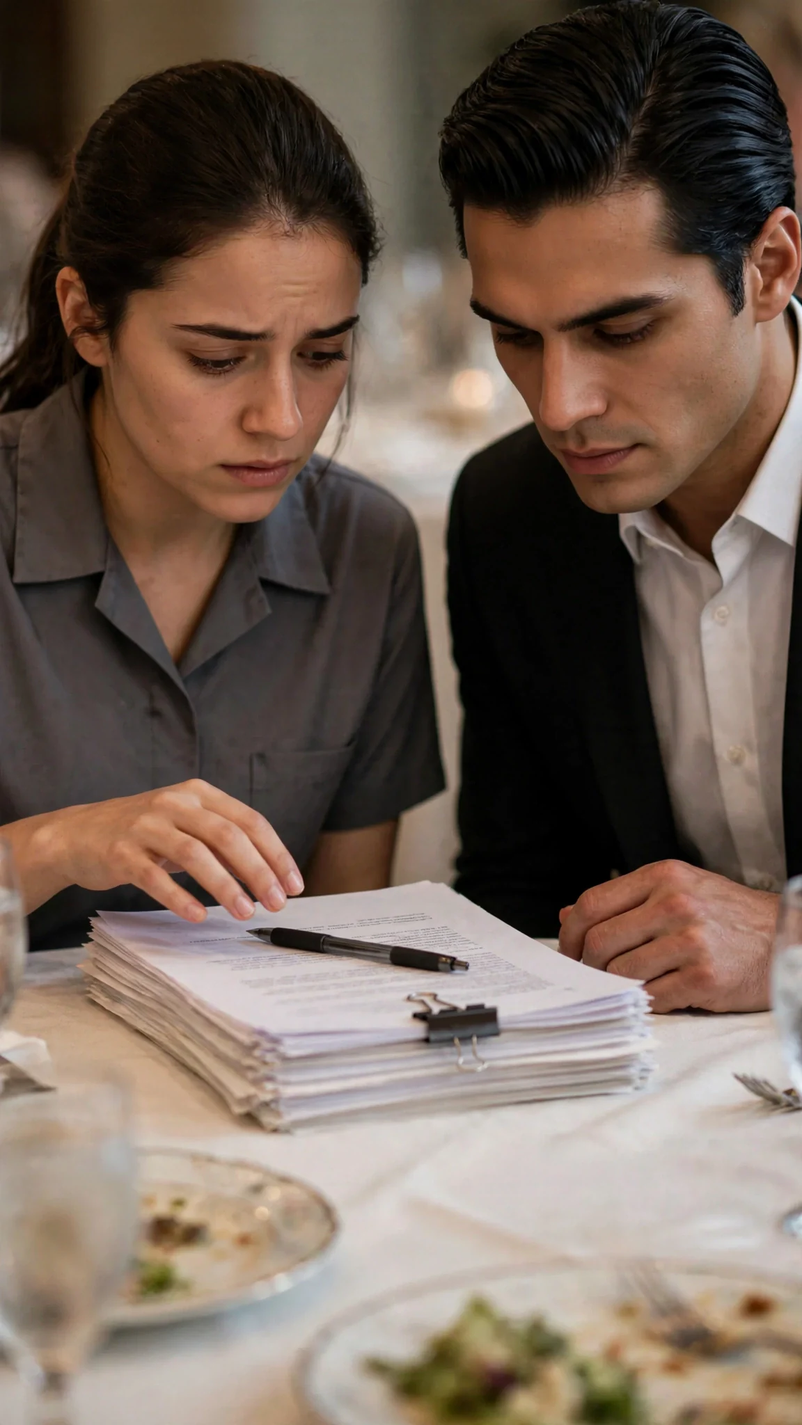 A thick stack of contract papers and a pen sit on the white tablecloth.