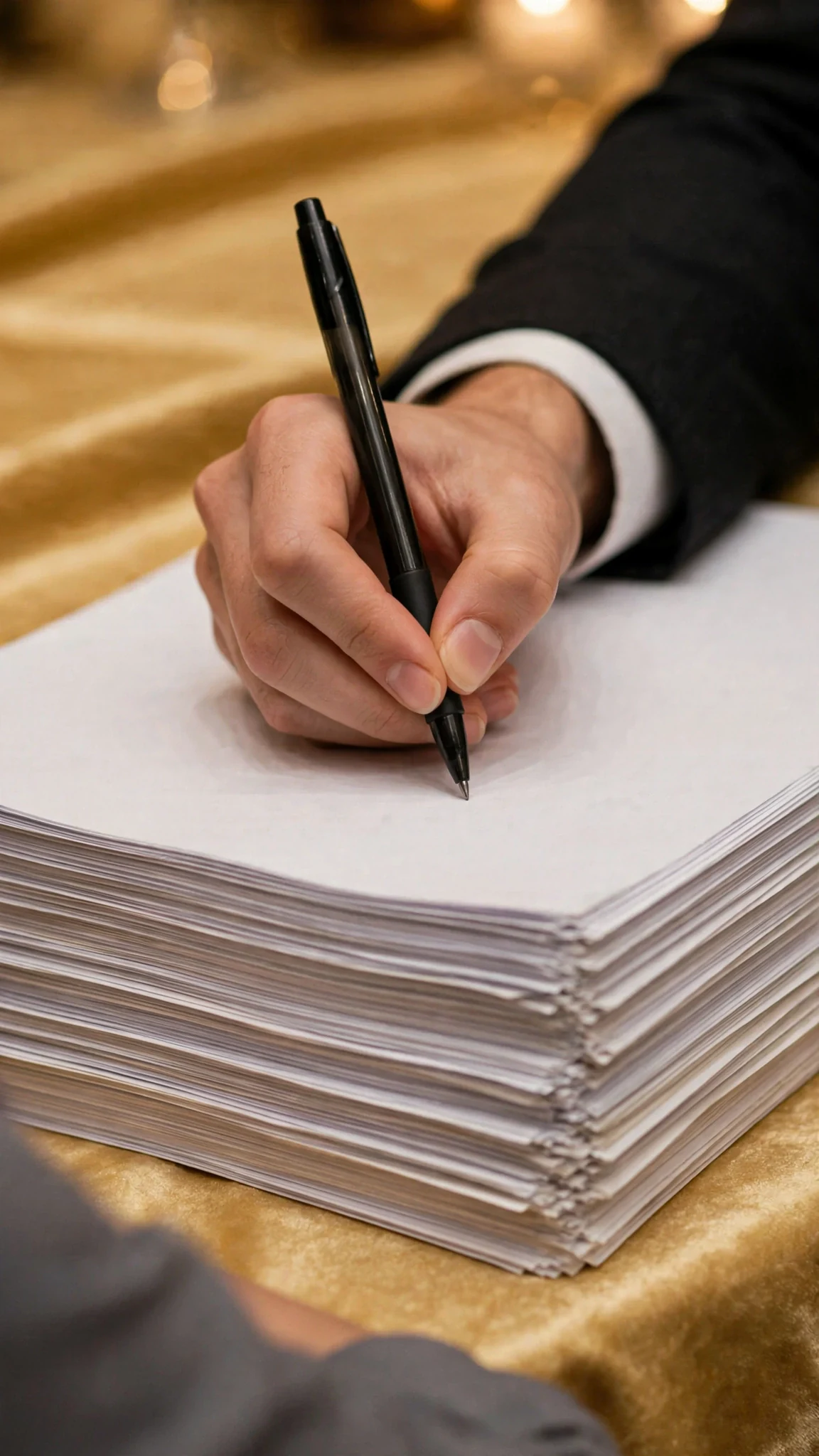 Lola's shaking hand writes on the contract with the black pen.
