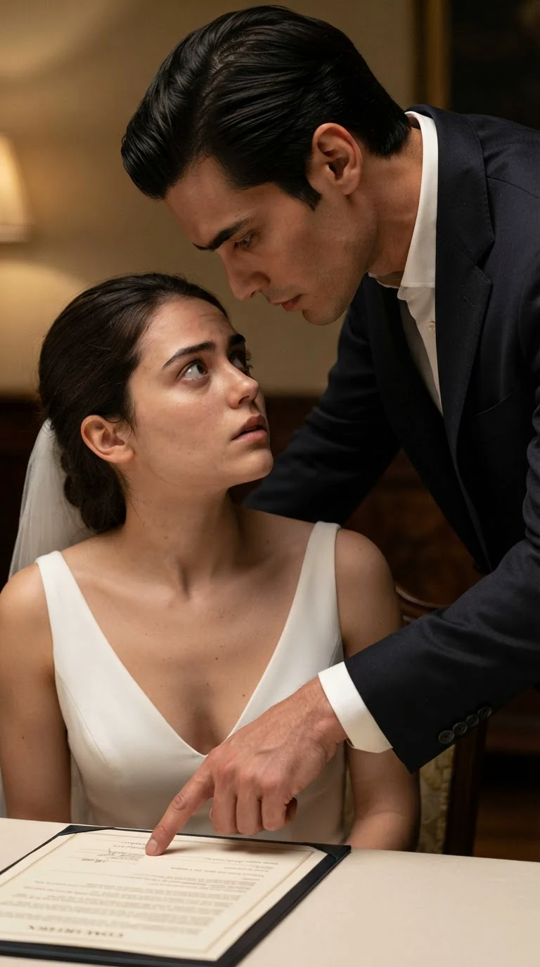 Dante leans in over Lola's shoulder, pointing at the signature, his face close to hers.