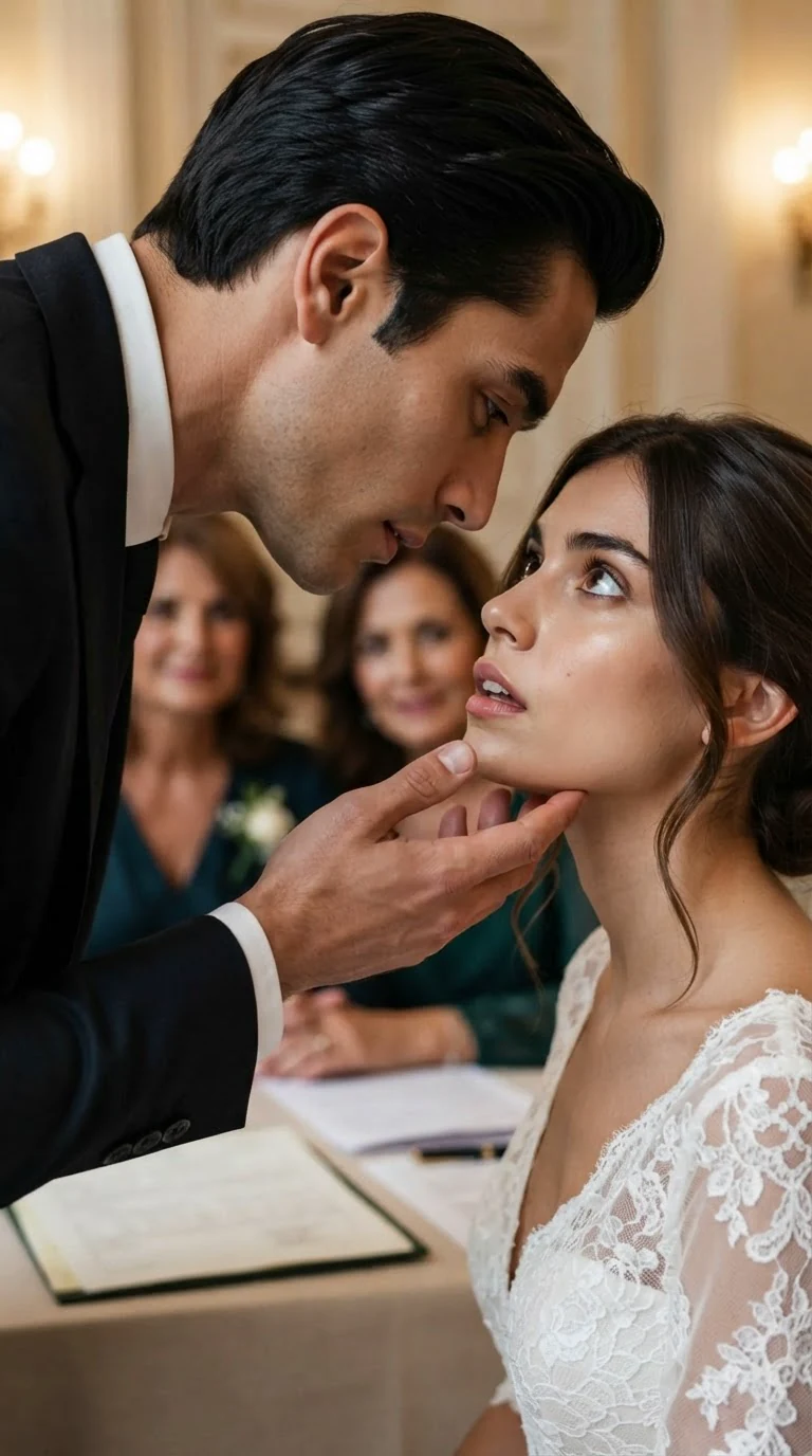 Dante's hand closes around Lola's throat and he leans in to kiss her in front of the table.