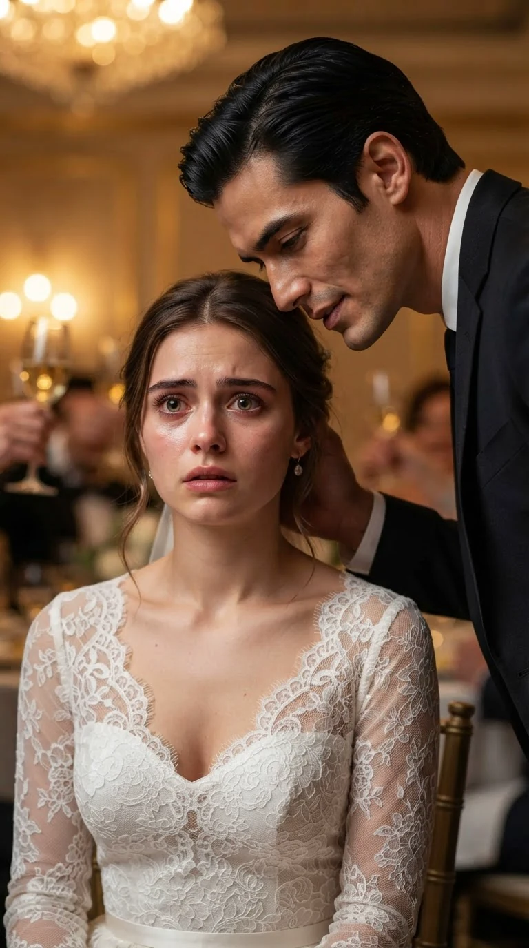Dante sets the pen down and speaks quietly into Lola's ear, the hall glowing behind them.