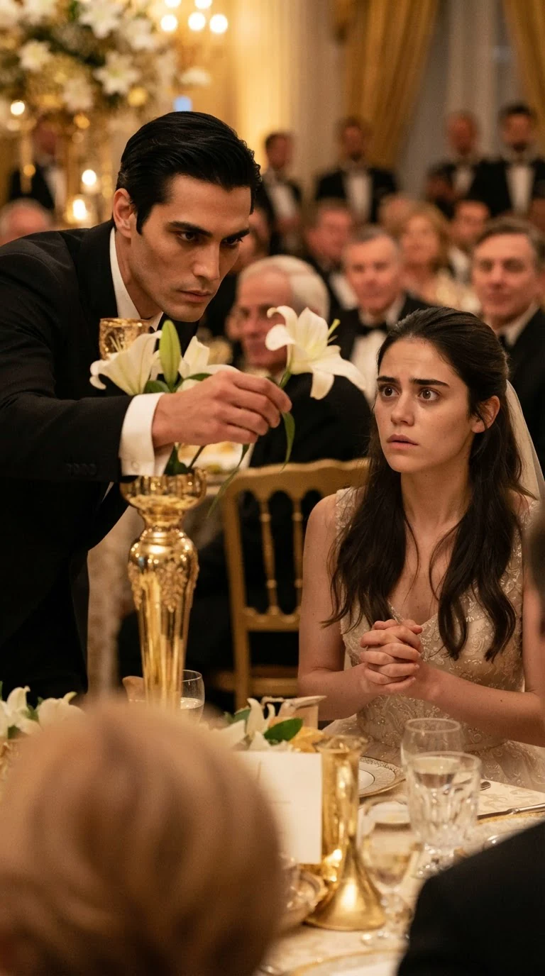 Dante lifts one white lily from the centerpiece and holds it up beside Lola's face.