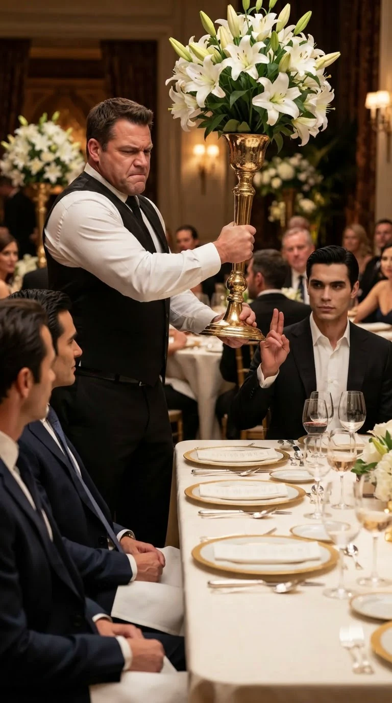 A server in a black vest carries the tall lily centerpiece away from the table.