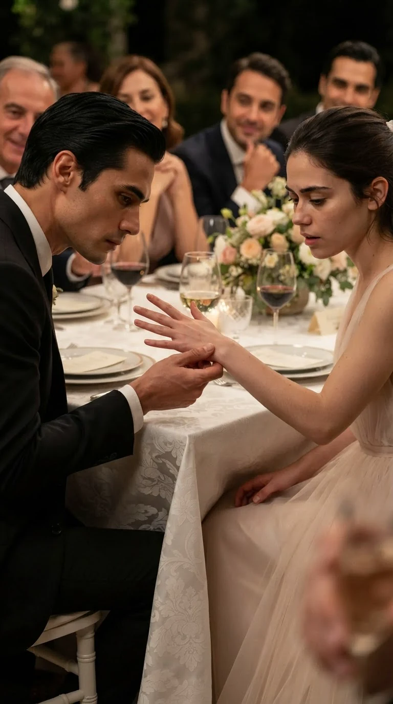 Dante turns Lola's left wrist over on the tablecloth in front of the guests.