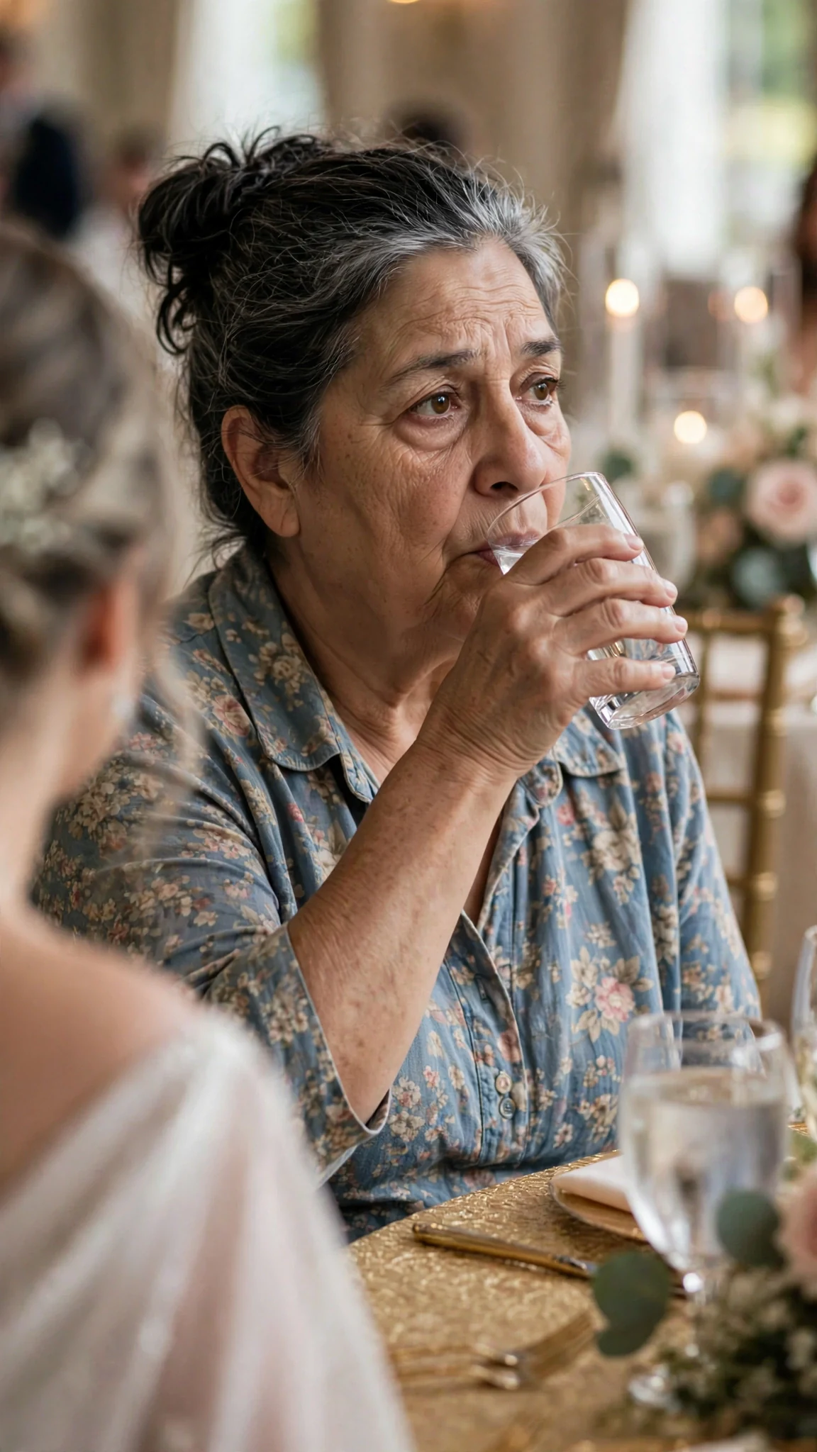Rosa across the table drinks water and refuses to look at her daughter.