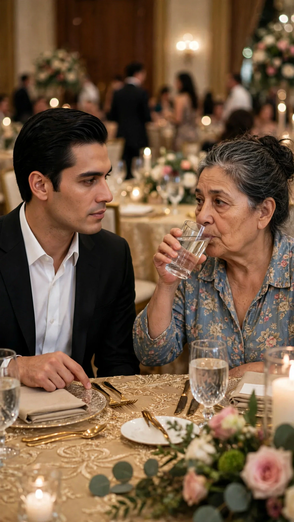 Dante turns his head toward Rosa, one finger raised on the tablecloth.