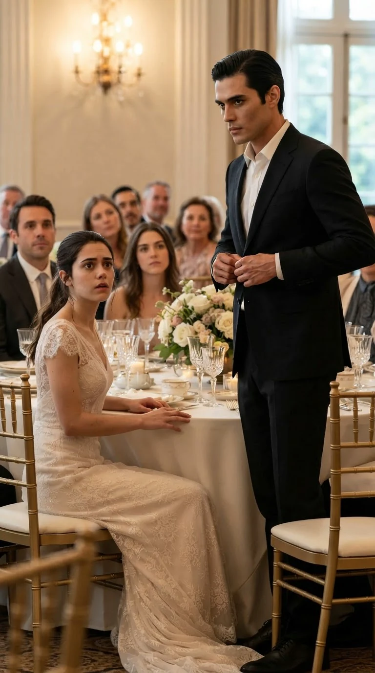 Dante stands and buttons his suit jacket beside the seated bride.