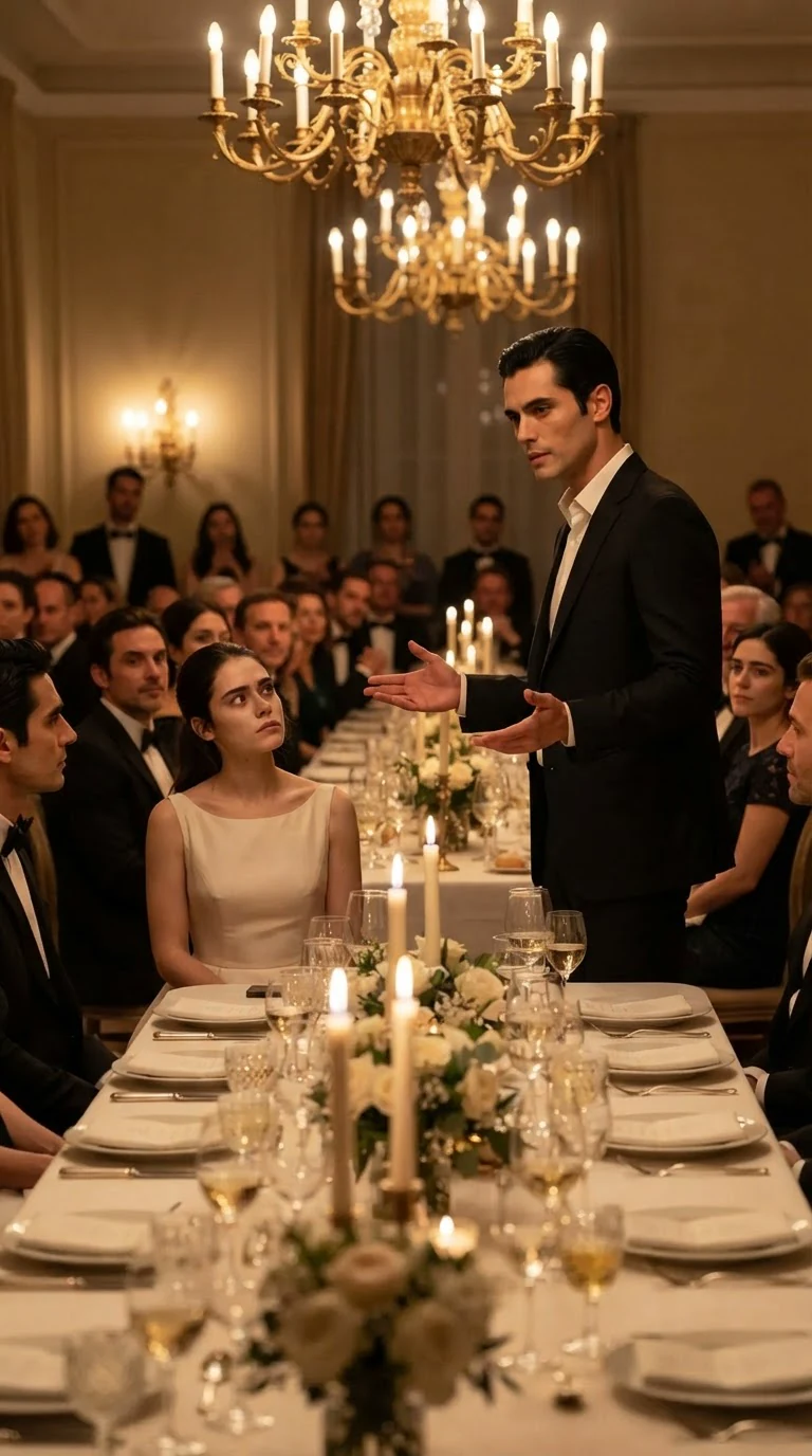 Dante addresses the whole banquet hall while Lola sits beside him.