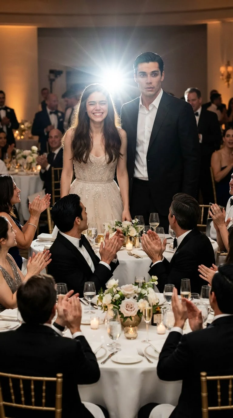 Lola stands and smiles for a clapping banquet room as camera flashes go off.