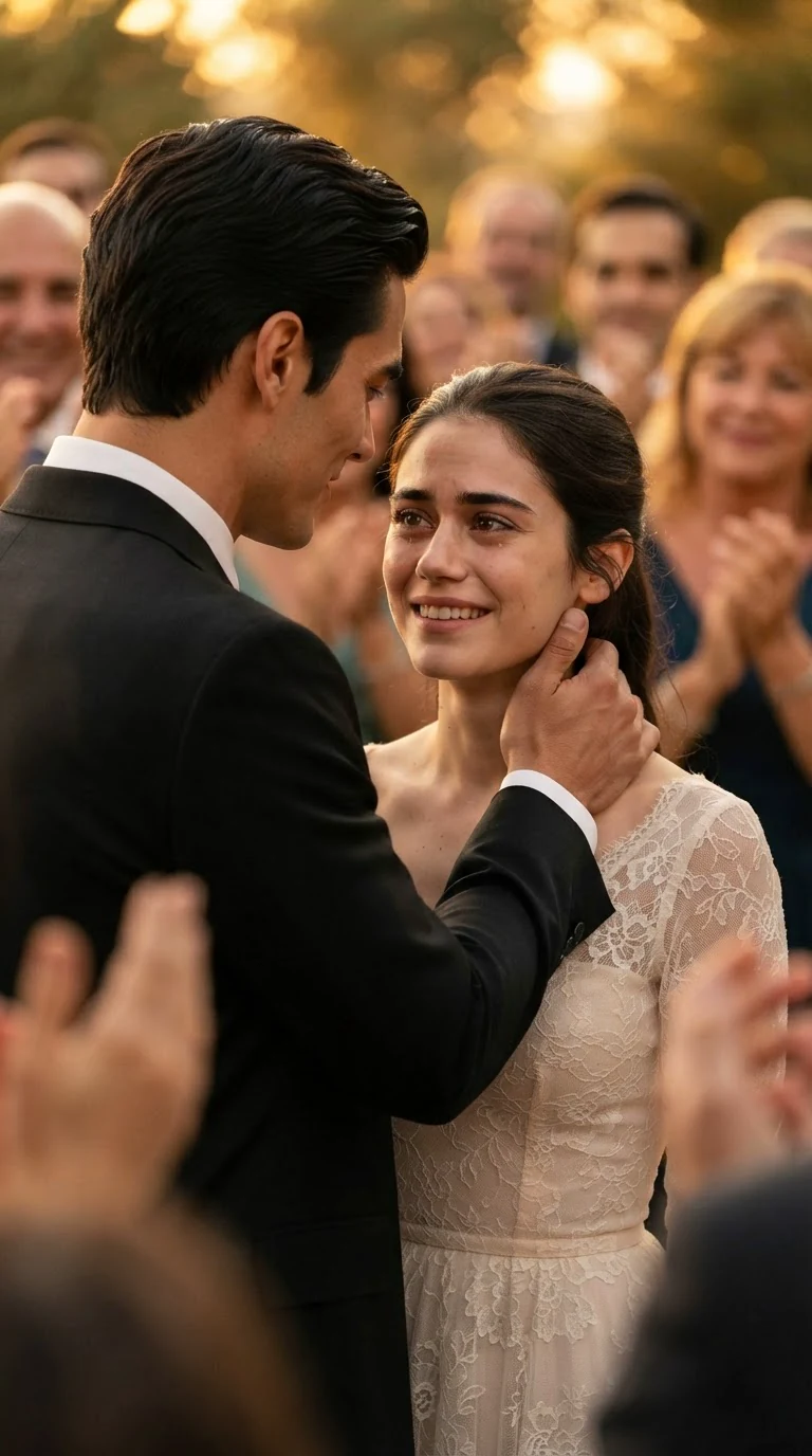 Dante rests his hand on the back of Lola's neck while she keeps smiling.