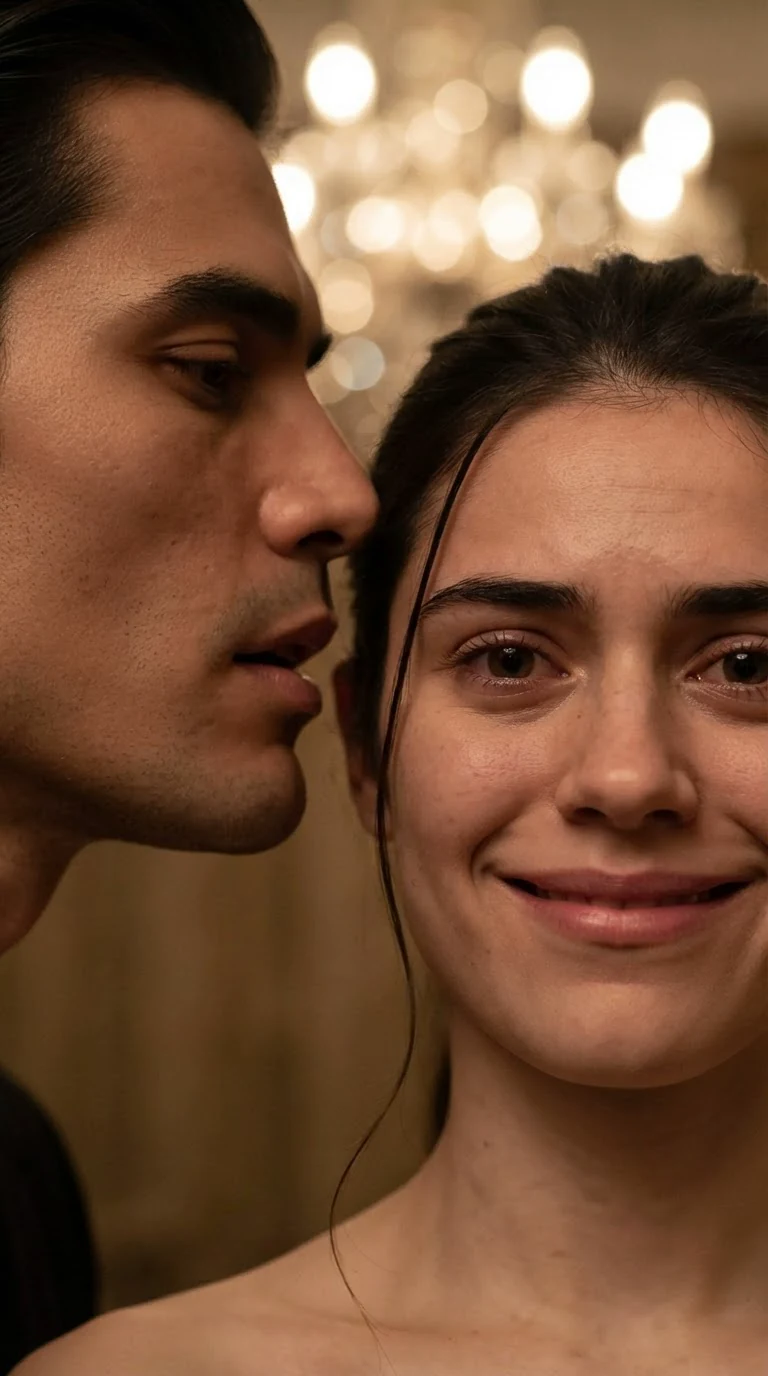 Extreme close-up of Dante's mouth at Lola's ear, her smile frozen.