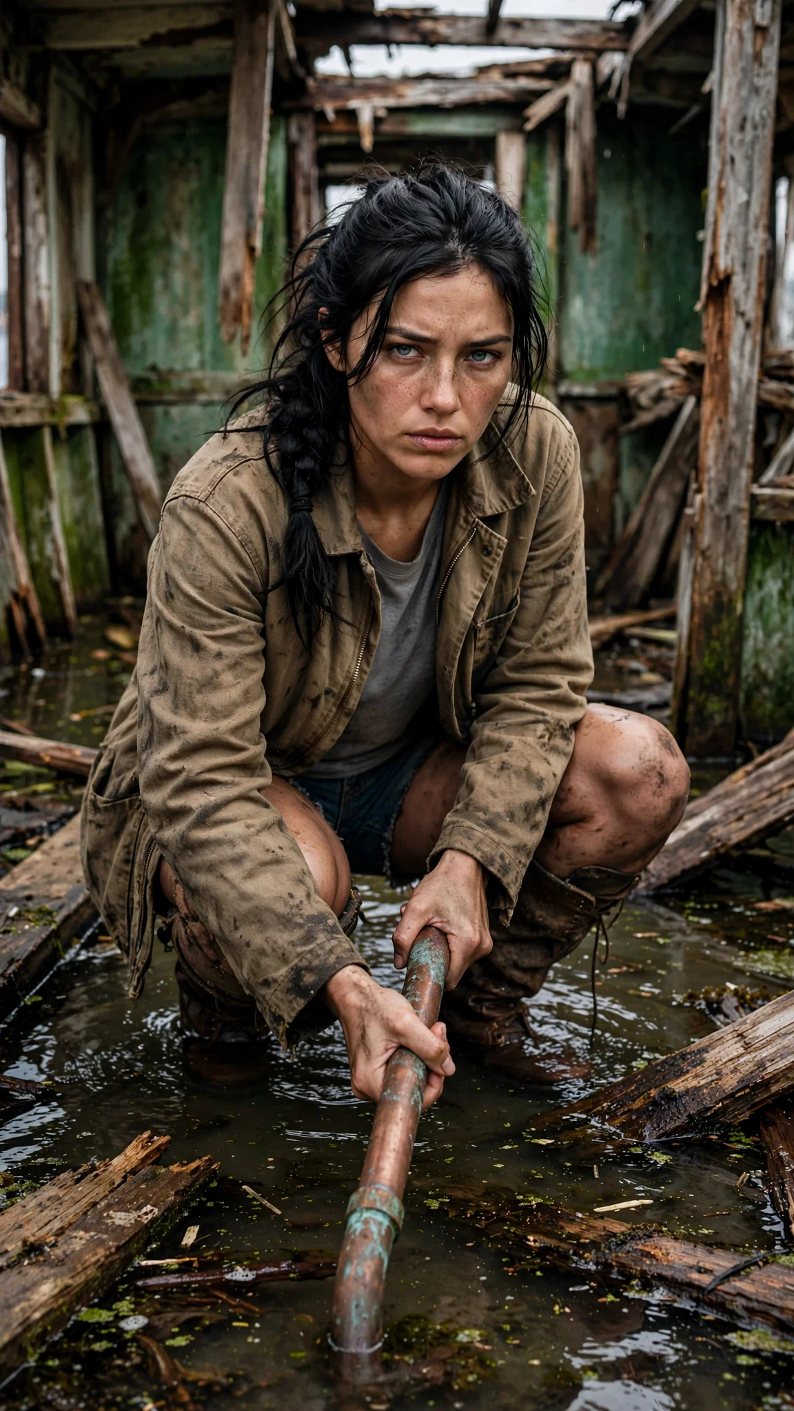 A sun-browned young woman in a canvas jacket pries a copper pipe from a flooded wreck while seawater swirls around her boots.