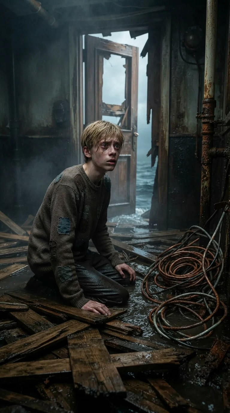 A thin pale teenage young man in a patched sweater looks up from a pile of wet boards, alarmed.