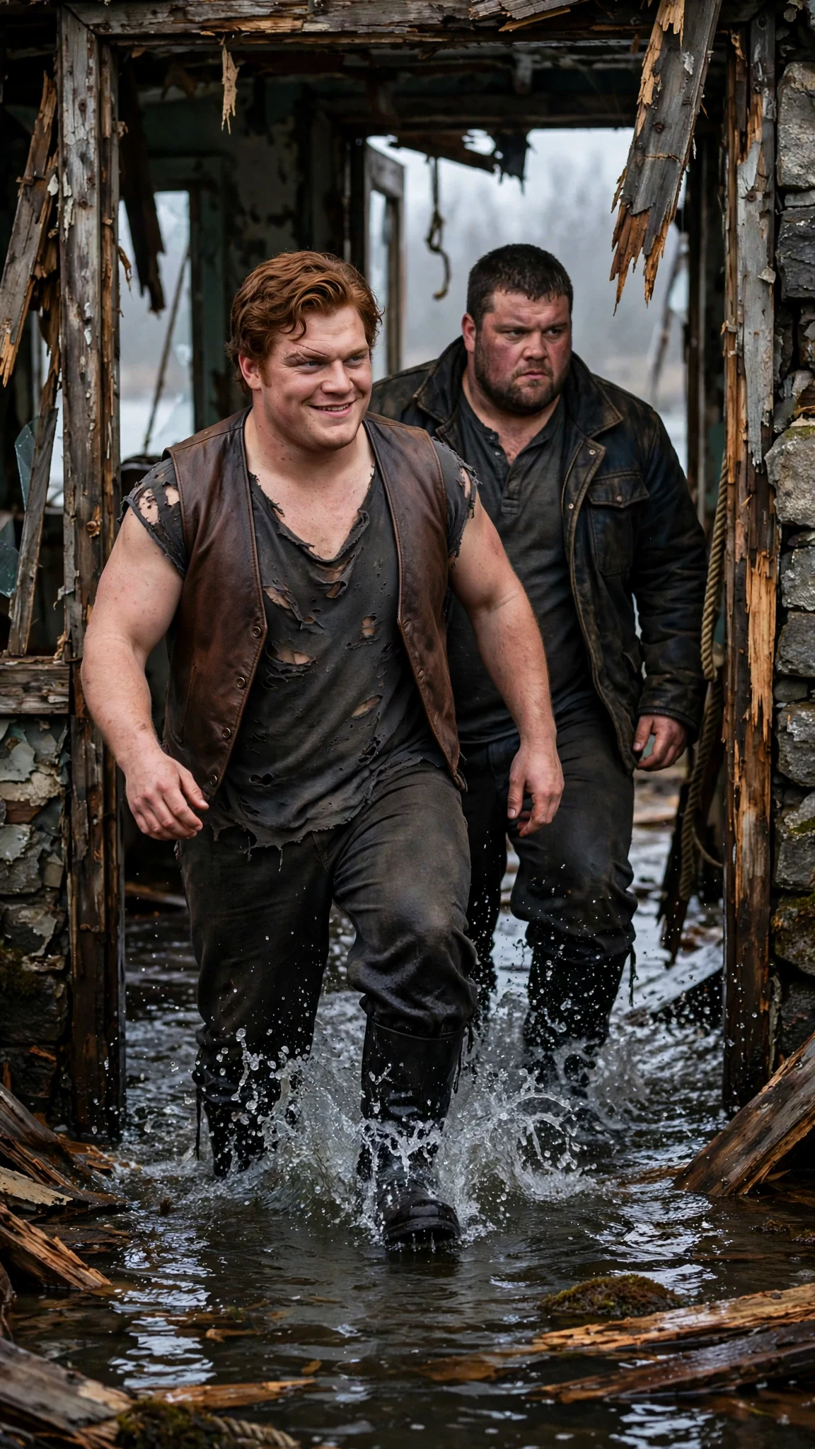 Two big enforcers in leather step through the broken doorway of the ferry house, boots splashing.