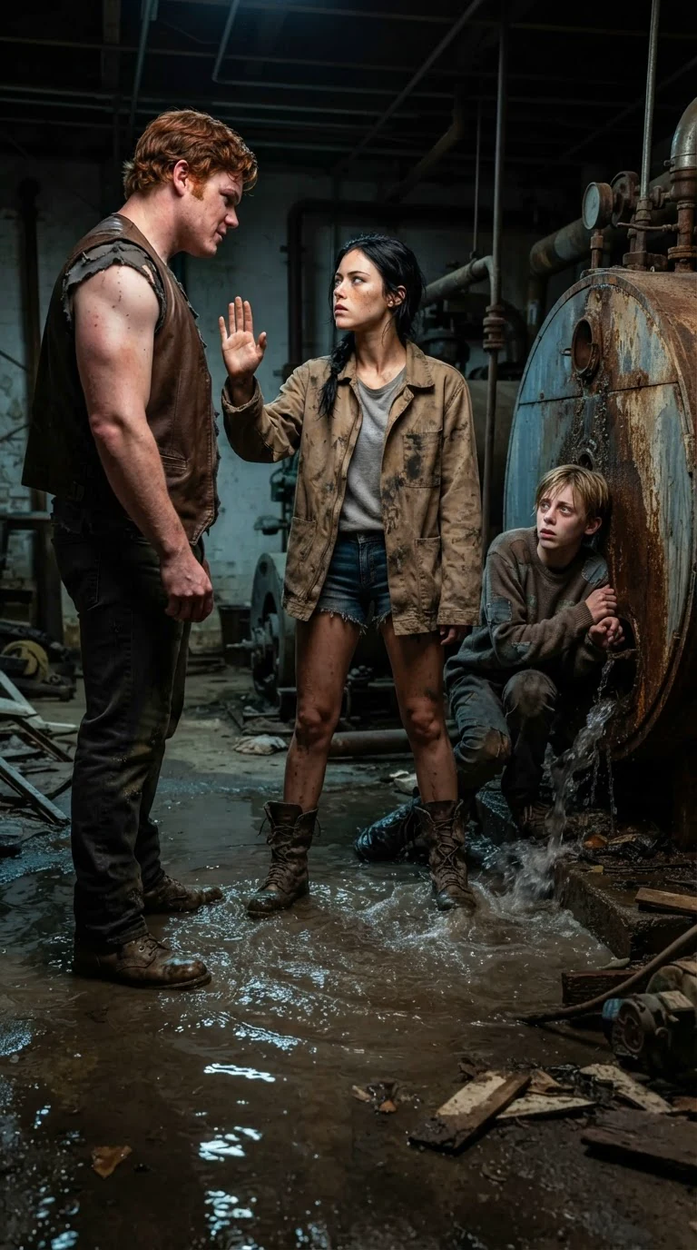 Aria steps between the enforcer and her brother, chin up, one hand raised flat.
