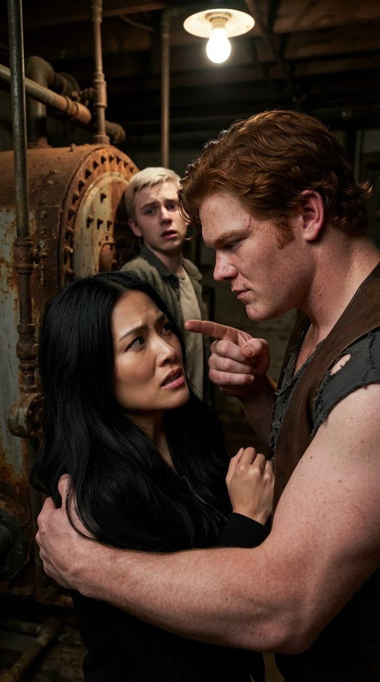 Jarvis leans past Aria's shoulder, pointing a thick finger at the pale young man behind the boiler.