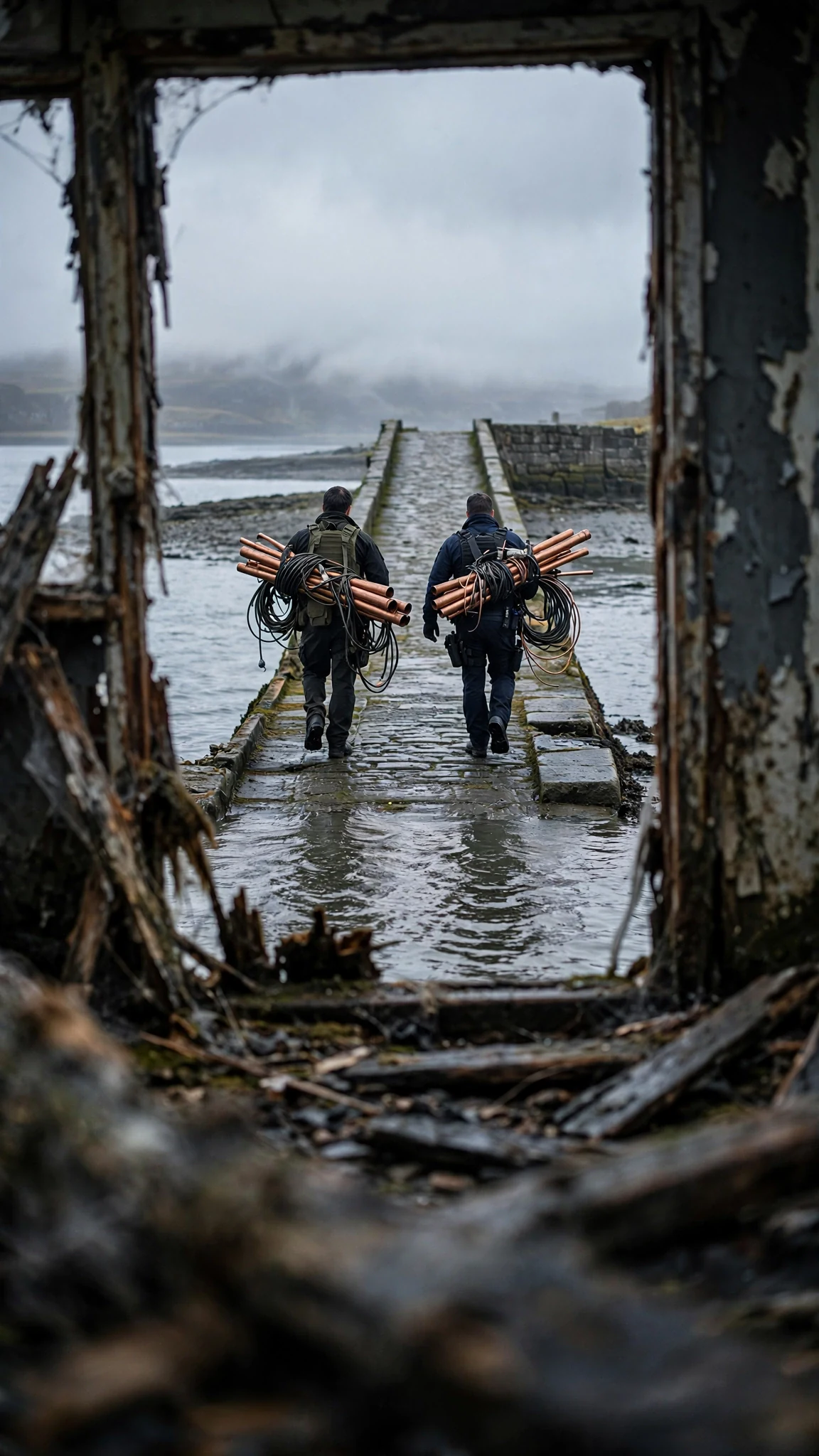 The two enforcers walk away up the causeway carrying copper coils, seen from the wrecked doorway.