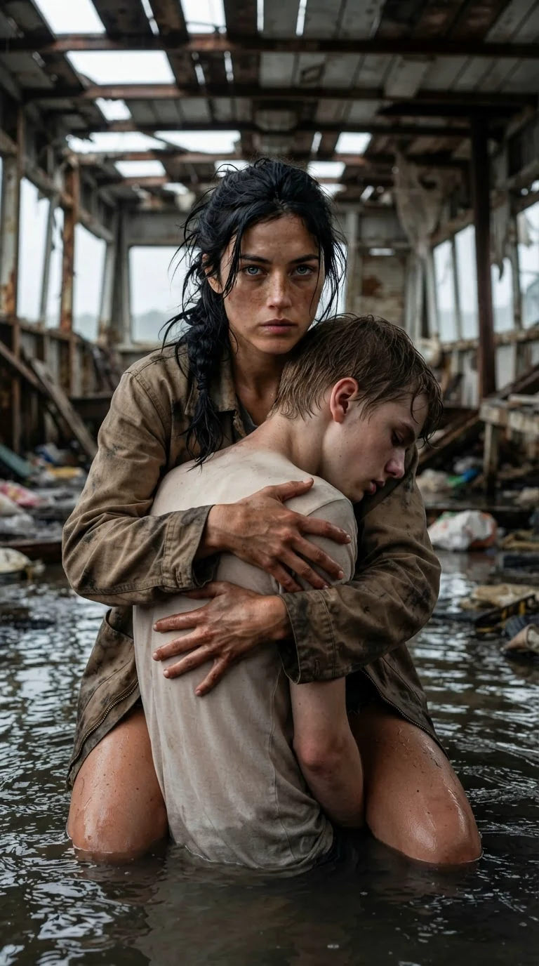 Aria kneels in the water holding her shaking brother, one hand pressed to his back.