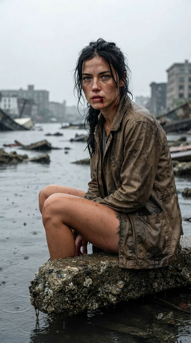 Aria sits on the edge of the wreck, jaw bruised, staring at nothing, remembering.