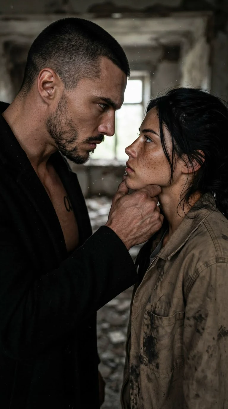 A tall dark-haired Alpha grips a woman's jaw in a ruined room, his face close to hers.