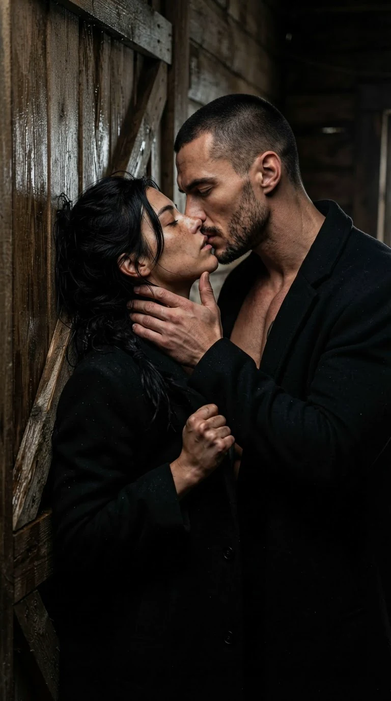 The same man and woman kissing hard against a door, her fists in his coat.