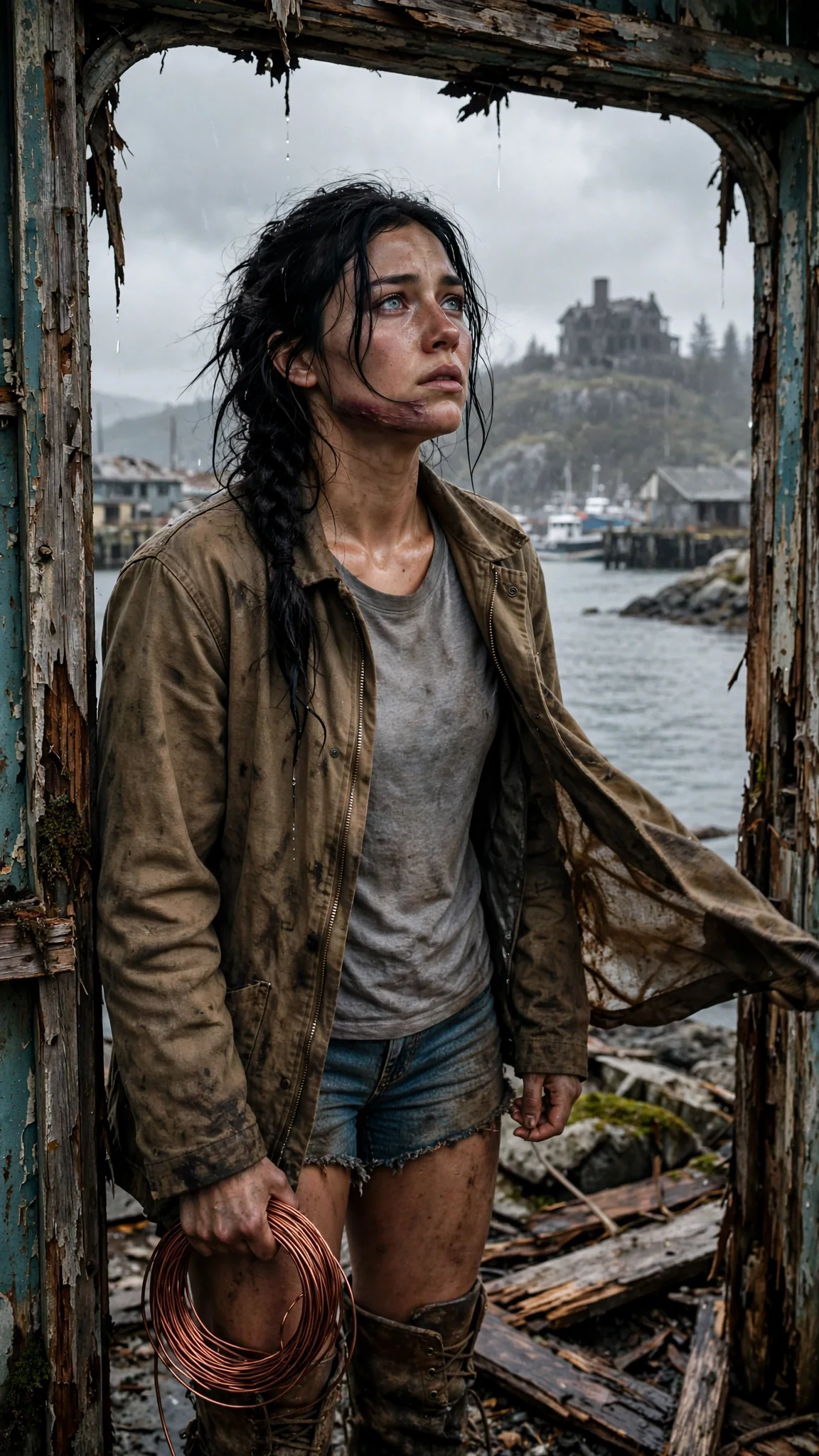 Aria stands in the broken doorway of the wreck holding a small copper coil, facing the pack house on the hill.