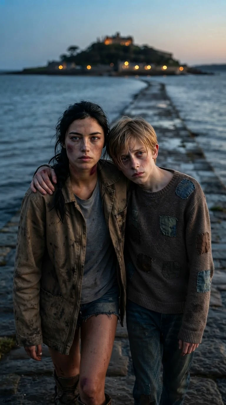 Aria and Oren walk up the wet causeway together at dusk, her arm around him.
