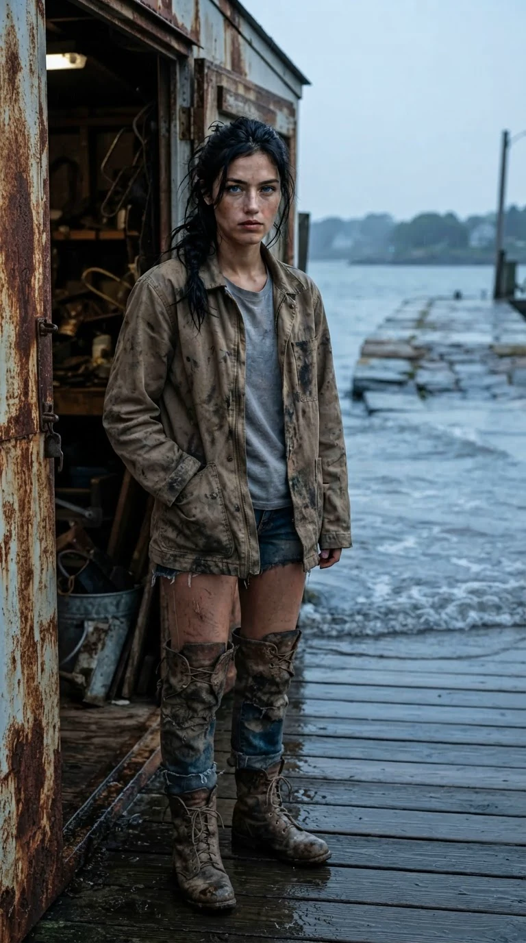 Aria stands in the door of the salvage shed at dusk with the tide coming up the causeway behind her.